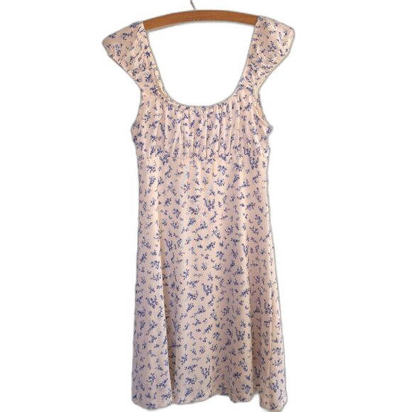 Pink Rose Ditsy Floral Mini Dress Off Shoulder Puff Milkmaid Y2K Cottage Core S - Picture 4 of 7